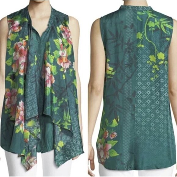 Johnny Was Zen Drapey Sleeveless Silk Floral Blouse - Picture 1 of 11
